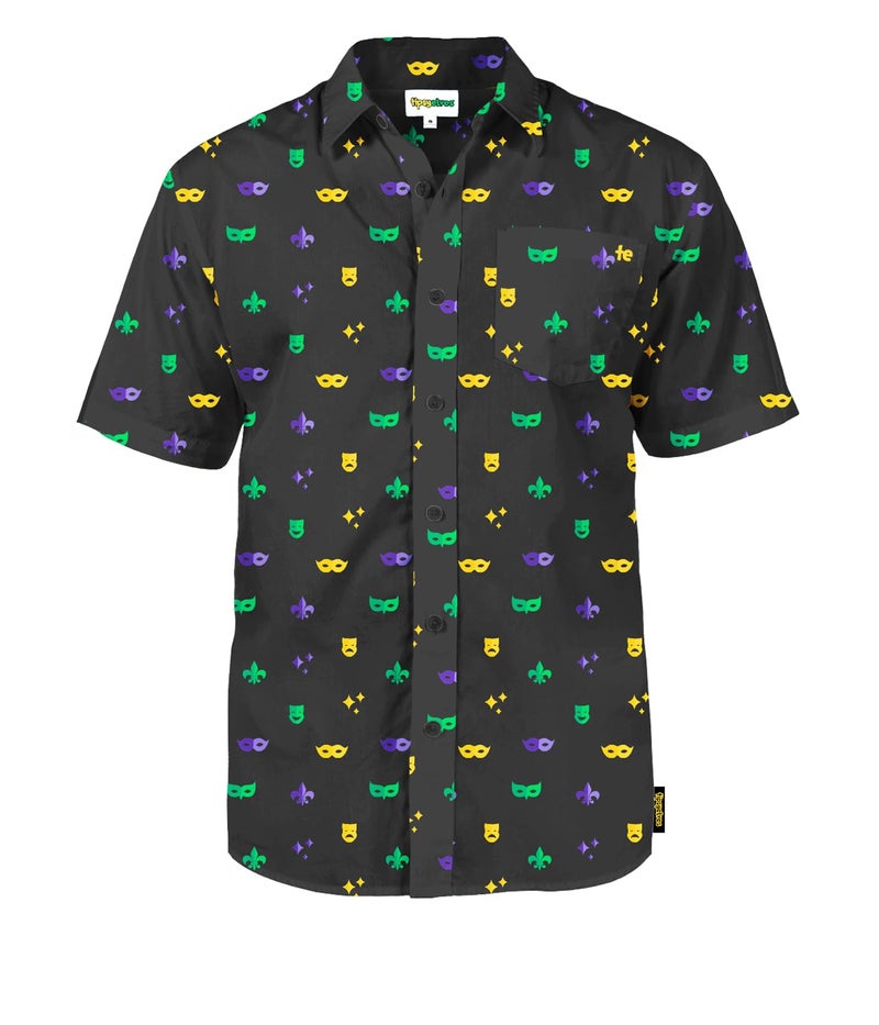 Tipsy Elves Button Down Shirts for Men - Valentineâ€™s Day, Mardi Gras and St Patrickâ€™s Day Menâ€™s Button Ups - Black Masquerade Mardi Gras Short Sleeve Hawaiian - Size Large - Image 1
